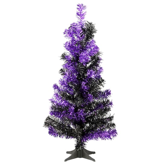 24&#x22; Unlit Black &#x26; Purple Tinsel Artificial Christmas Tree